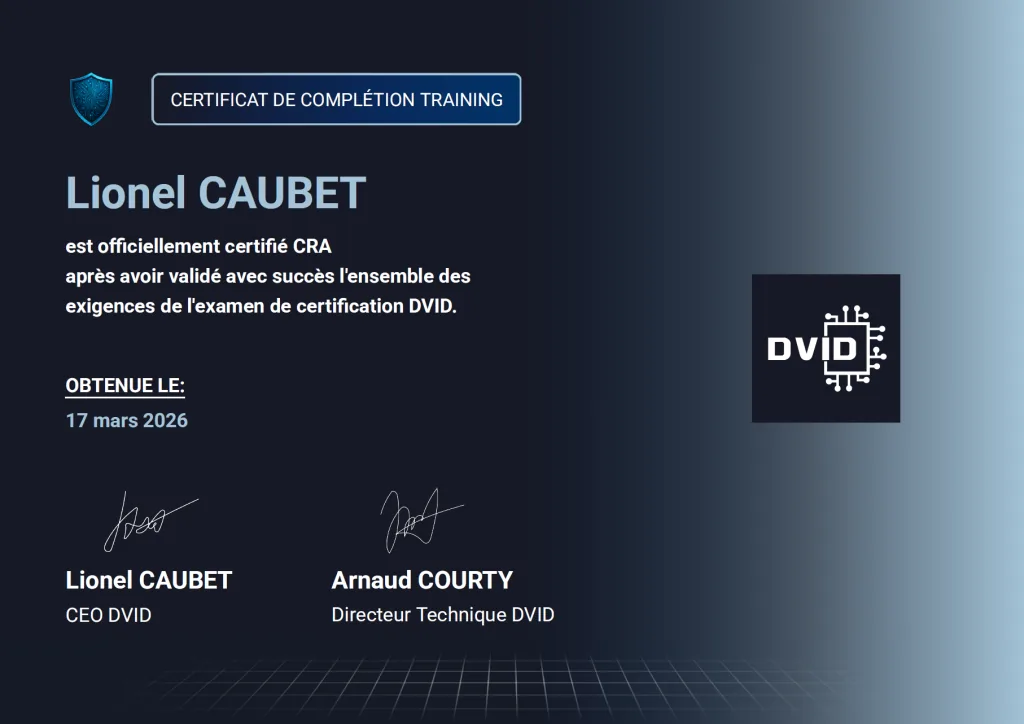 Example of a certificate of completion issued by DVID Experience after completing a learning path