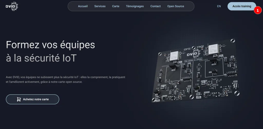 dvid.eu website with the Access training button to join the IoT cybersecurity training platform