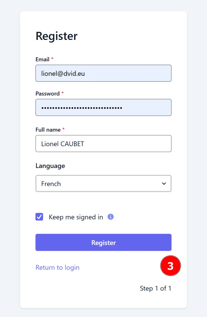 DVID Experience account creation form with registration fields